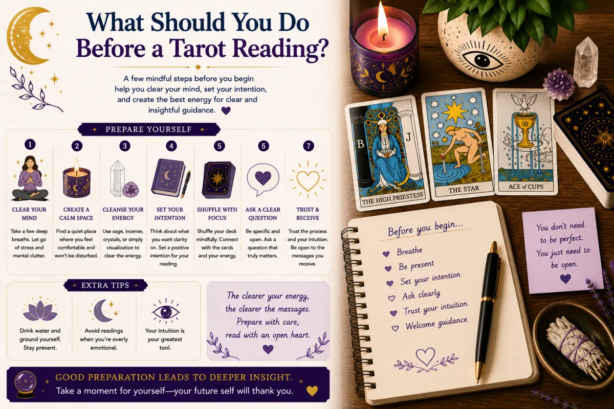 Preparing for a tarot reading by setting intentions calming the mind asking clear questions and creating a focused space for intuitive guidance and meaningful card interpretation