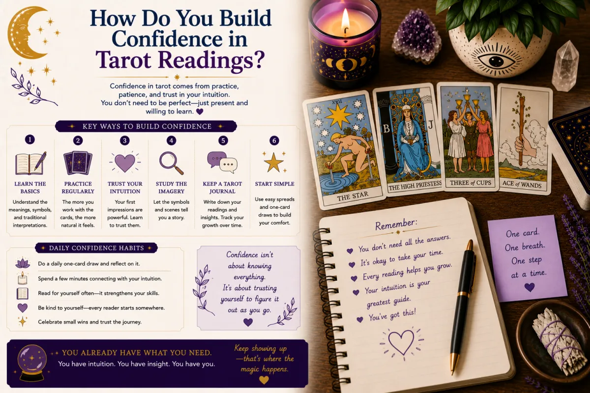 Building confidence in tarot readings through regular practice intuitive guidance card interpretation and reflective learning to develop trust and accuracy over time