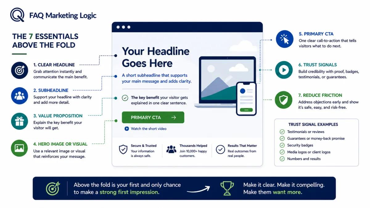 FAQ Marketing Logic infographic illustrating the essential elements that should appear above the fold on a landing page, including a clear value proposition, compelling headline, call to action, trust signals, and key benefits to maximise conversions
