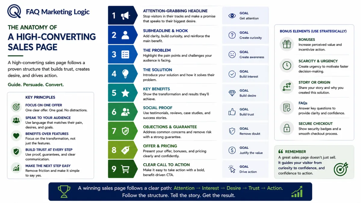 FAQ Marketing Logic infographic illustrating the structure of a high-converting sales page, showing the key sections from headline and problem through benefits, social proof, offer, guarantee, and call to action that guide visitors towards making a purchase