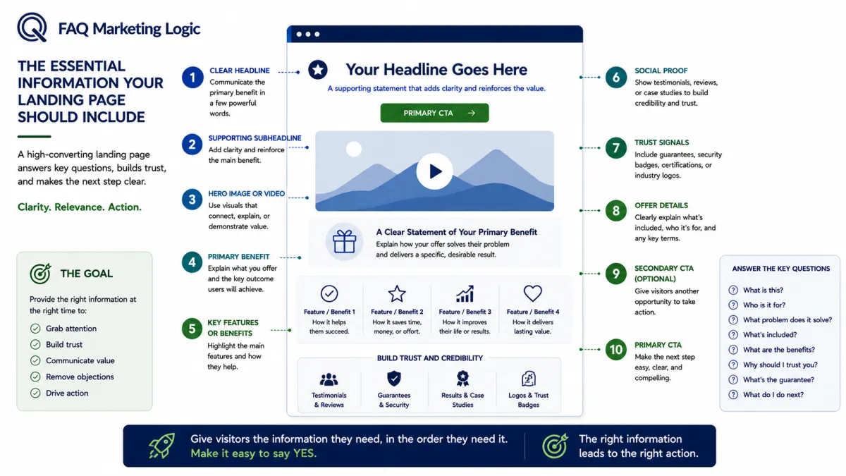 FAQ Marketing Logic infographic illustrating the essential information every landing page should include, including a clear headline, value proposition, benefits, trust signals, offer details, and strong call to action to maximise visitor conversions