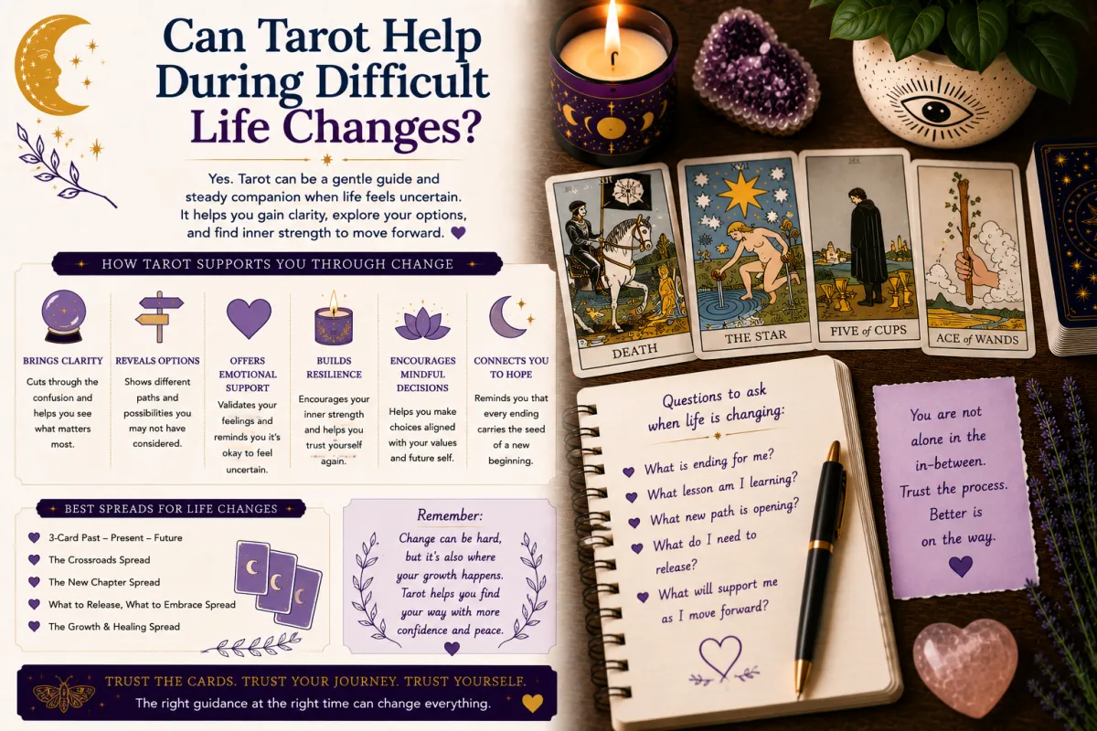Using tarot during difficult life changes to gain clarity emotional support personal insight and confidence while navigating transitions through thoughtful tarot reading and self reflection