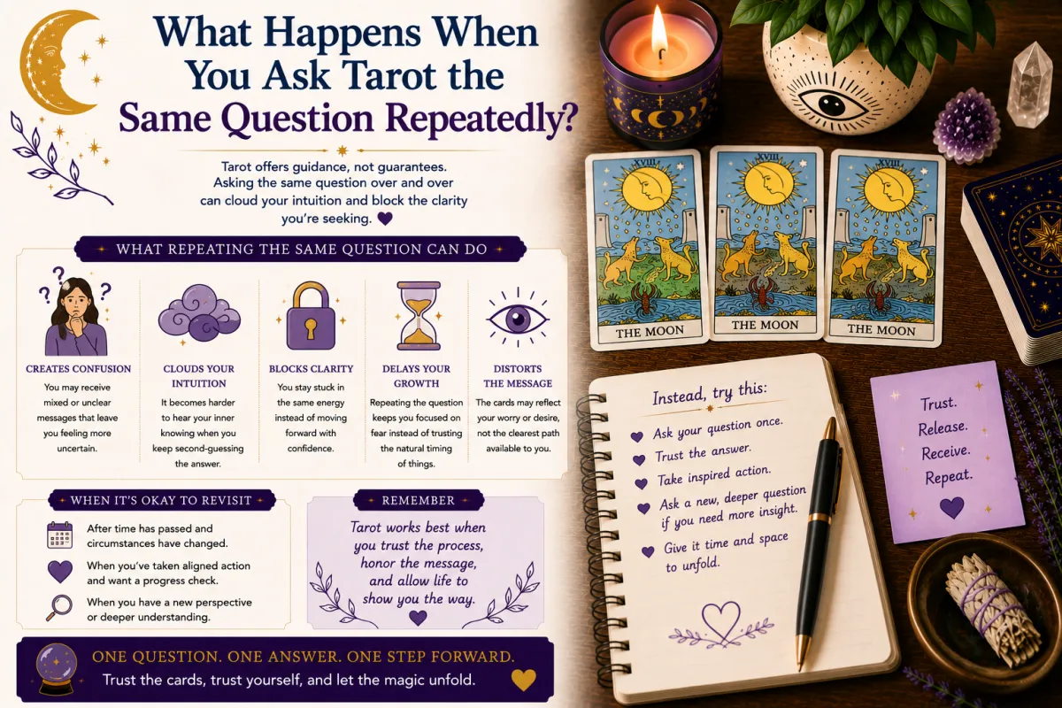 Asking the same tarot question repeatedly can reduce clarity encourage overthinking and create confusion instead of supporting intuitive insight thoughtful reflection and confident decision making