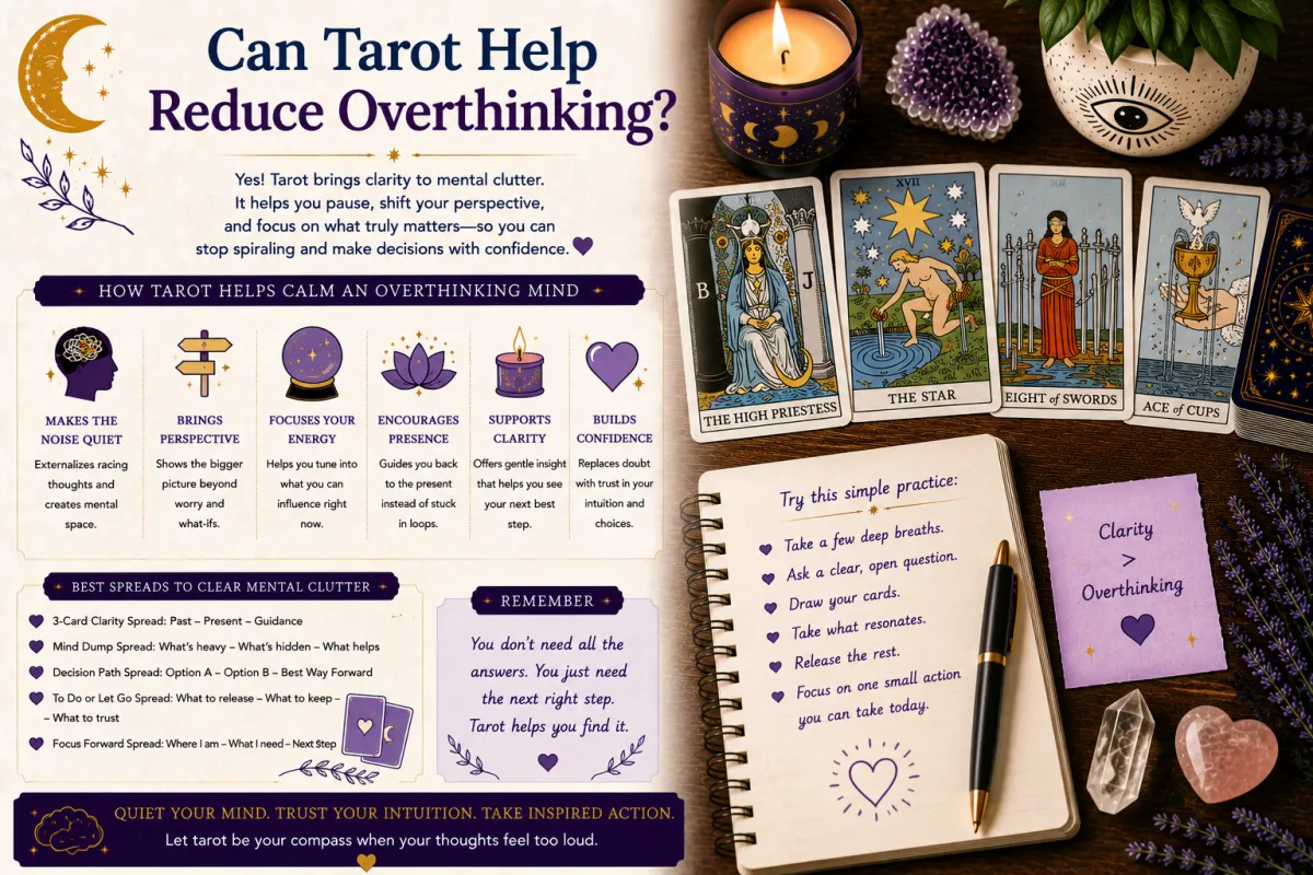 Using tarot to reduce overthinking through mindful reflection intuitive guidance clear questions and focused card interpretation for greater mental clarity and confident decision making