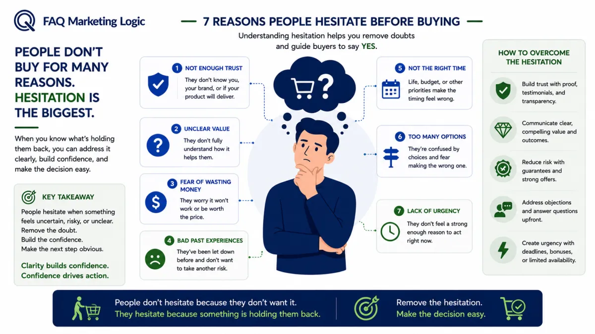 FAQ Marketing Logic infographic explaining why people hesitate before buying, highlighting common buying objections such as lack of trust, unclear value, perceived risk, price concerns, and uncertainty, along with practical ways to increase buyer confidence and improve conversions