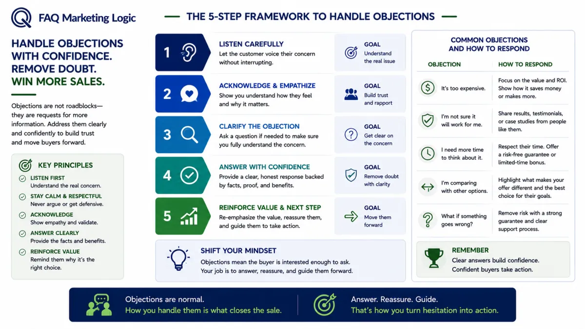 FAQ Marketing Logic infographic explaining how to handle customer objections on a sales page by addressing common concerns, building trust, reinforcing value, reducing risk, and guiding visitors confidently towards taking action