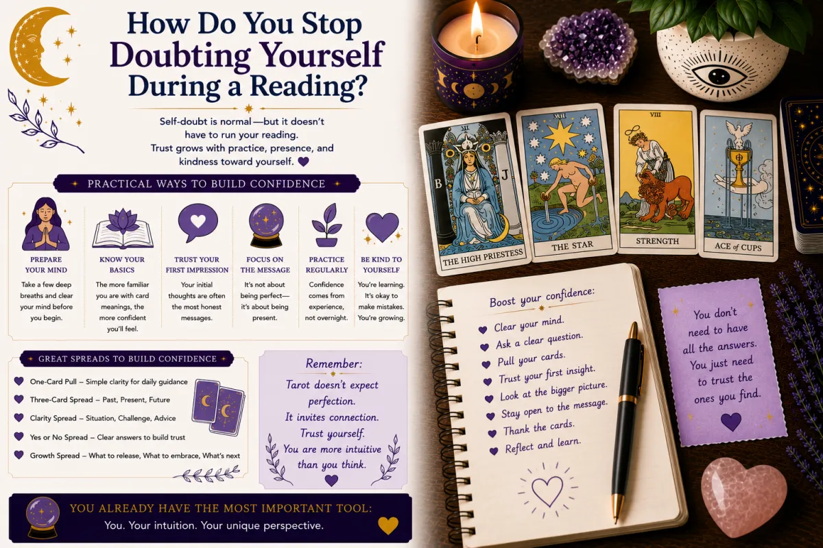 Building confidence in tarot readings by trusting your intuition reducing self doubt practising regularly and interpreting tarot cards with clarity patience and self belief