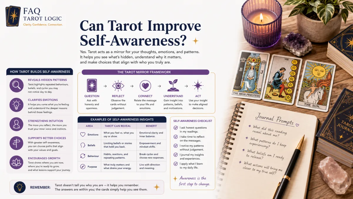 Infographic explaining how tarot can improve self-awareness through reflection, journaling, and intuitive insight, alongside a Rider–Waite tarot workspace with cards, candle, crystal, and notebook.