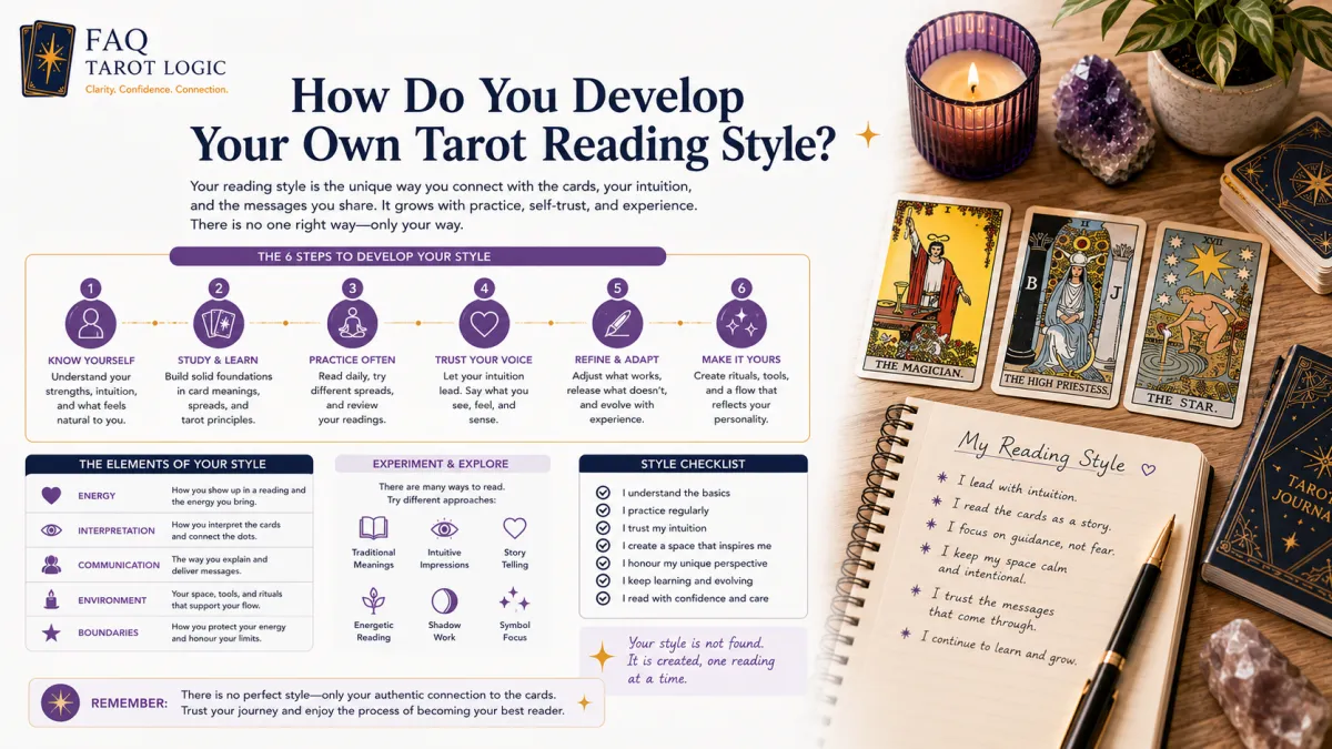 Infographic showing how to develop your own tarot reading style with practical steps, intuitive techniques, and a Rider–Waite tarot workspace featuring cards, journal, candle, crystal, and notebook.