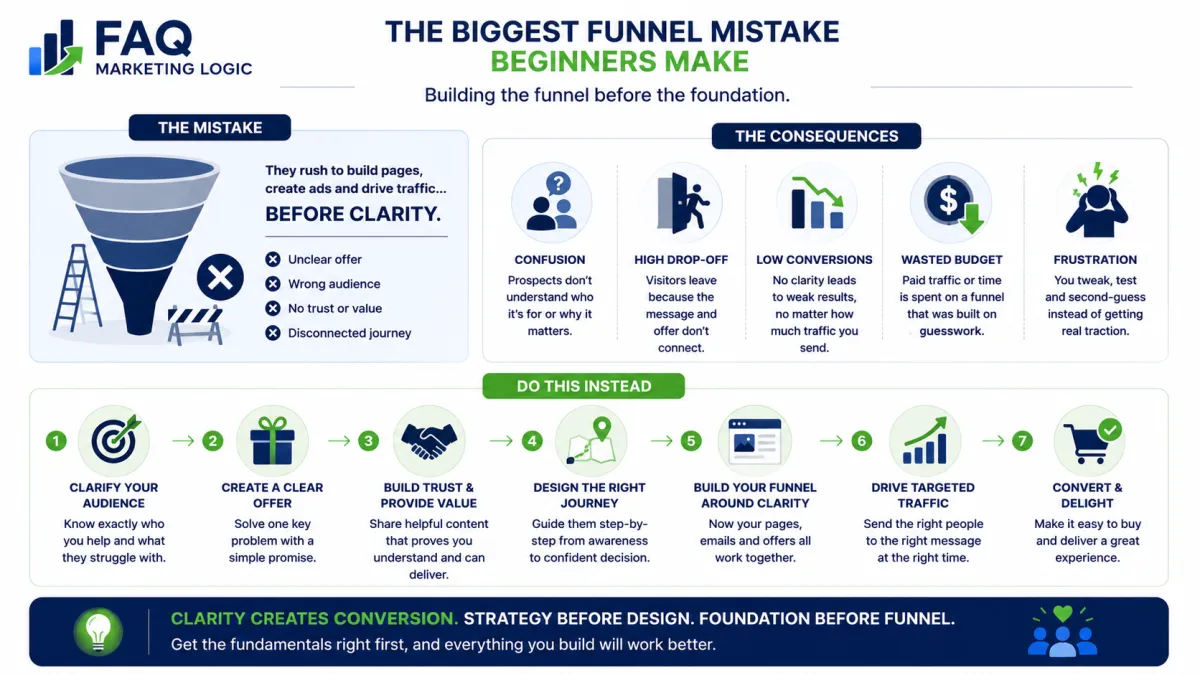 FAQ Marketing Logic infographic explaining the biggest funnel mistake beginners make, showing why building pages before clarifying the audience, offer, trust and customer journey leads to poor conversions, and outlining the correct funnel-building process.