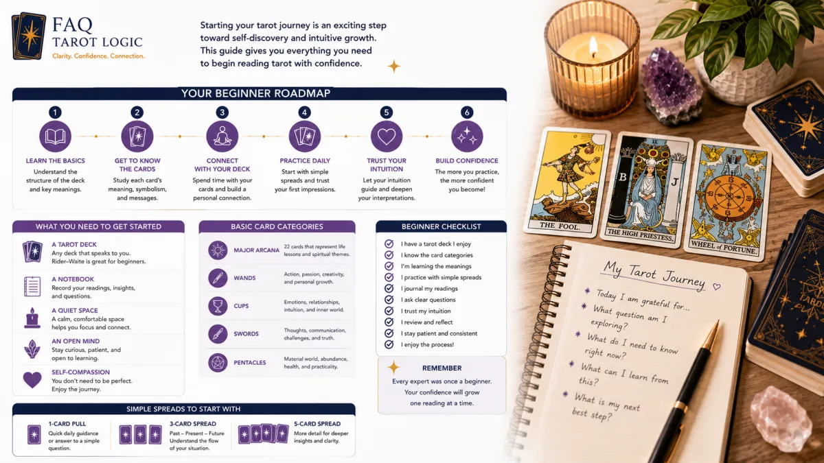 Infographic introducing tarot foundations for beginners, featuring essential reading steps, card categories, simple spreads, and a Rider–Waite tarot workspace with journal, candle, crystal, and tarot deck.