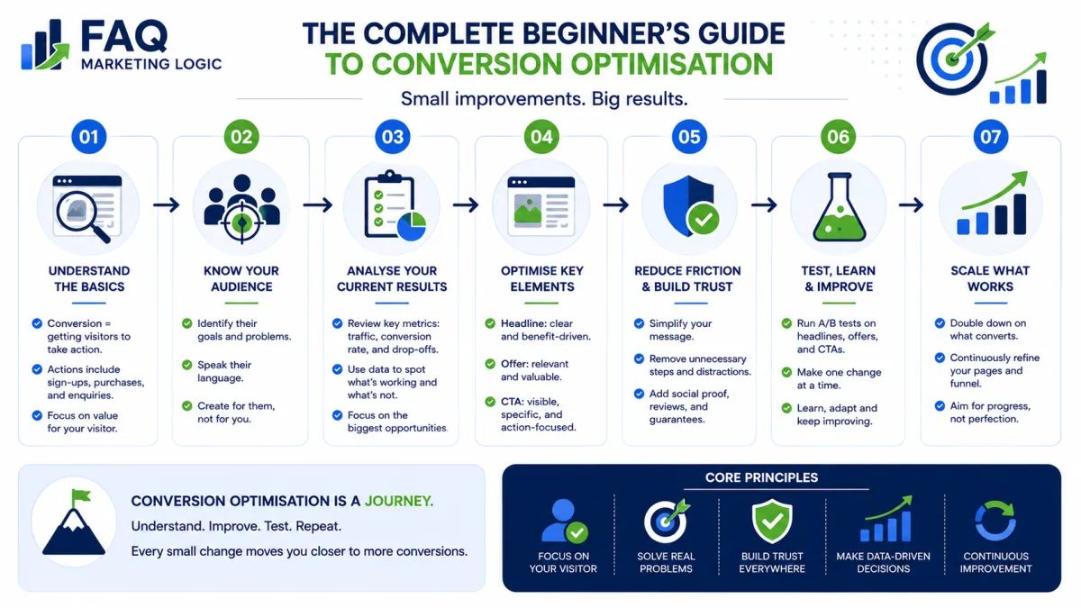 FAQ Marketing Logic infographic explaining a beginner-friendly conversion optimisation framework, covering audience understanding, performance analysis, page improvements, friction reduction, trust building, testing and continuous improvement to increase conversions.