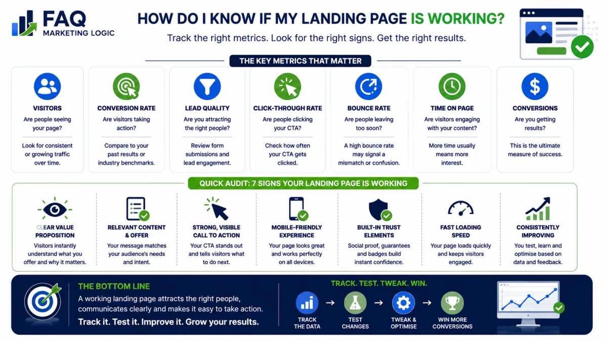 FAQ Marketing Logic infographic explaining how to measure landing page performance using key conversion metrics, user engagement signals, trust indicators and optimisation checkpoints to determine whether a landing page is generating results.