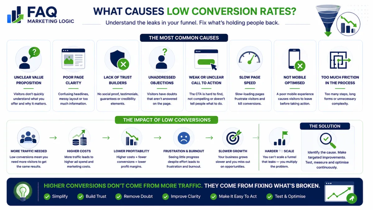 FAQ Marketing Logic infographic explaining the most common causes of low conversion rates, including unclear messaging, weak calls to action, lack of trust, slow page speed, user friction and optimisation opportunities that affect sales performance.