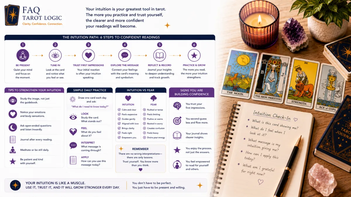 Infographic exploring how to develop tarot intuition with confidence through practical exercises, intuitive reading techniques, and a Rider–Waite tarot workspace featuring cards, journal, candle, crystal, and tarot deck.