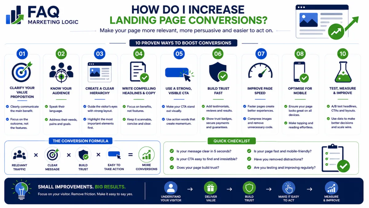 FAQ Marketing Logic infographic explaining how to increase landing page conversions using a practical optimisation framework that improves messaging, page structure, trust signals, calls to action, user experience and ongoing testing to generate more leads and sales.