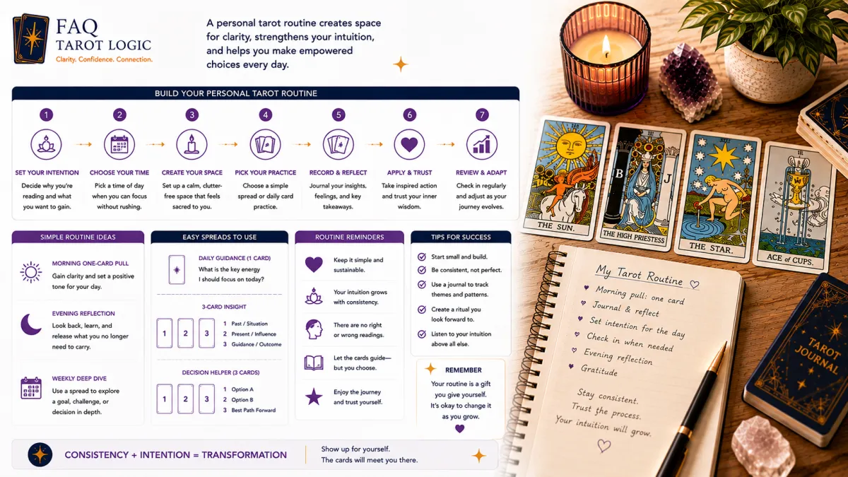 Infographic showing how to create a personal tarot routine with daily practices, simple tarot spreads, journaling prompts, and a Rider–Waite tarot workspace featuring cards, candle, crystal, notebook, and tarot deck.