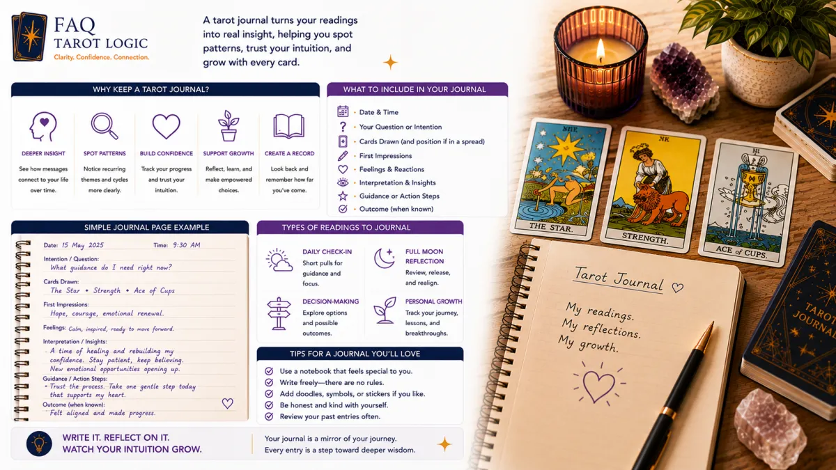 Infographic explaining the benefits of keeping a tarot journal with journaling prompts, reflection techniques, reading records, and a Rider–Waite tarot workspace featuring cards, notebook, candle, crystal, and tarot deck.