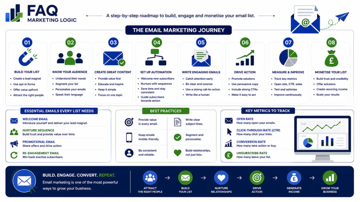 FAQ Marketing Logic infographic explaining the email marketing journey for beginners, covering list building, audience understanding, valuable content, automation, engaging emails, calls to action, performance tracking and monetisation to grow an online business.