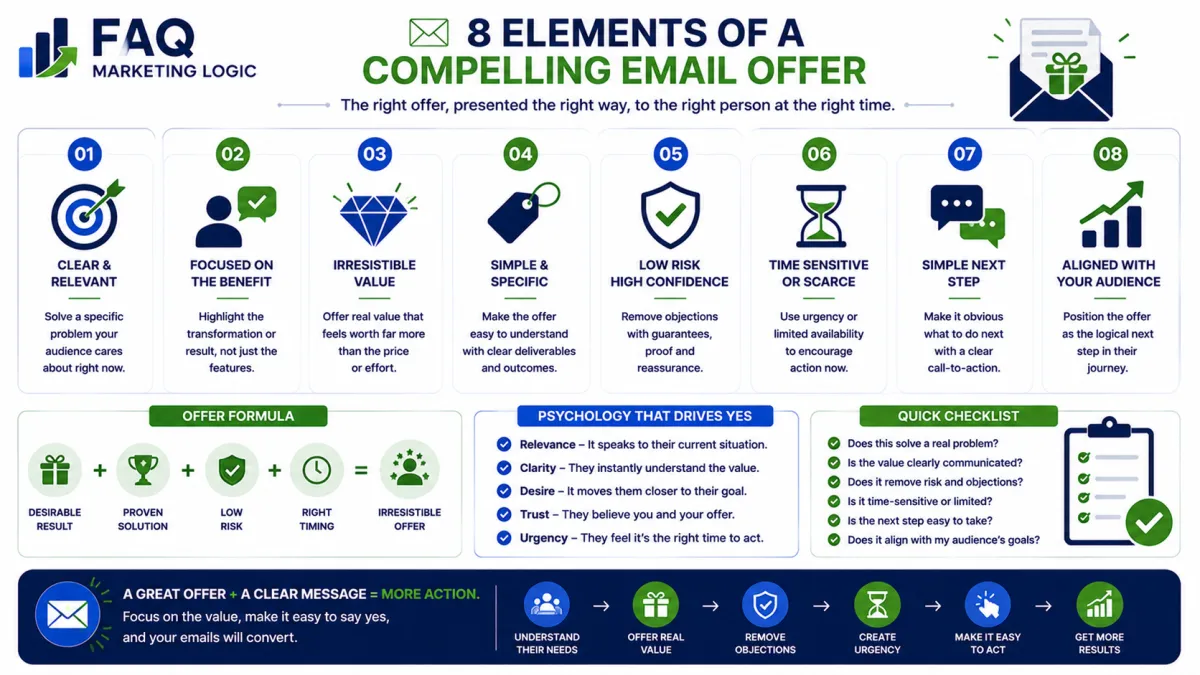 FAQ Marketing Logic infographic explaining the elements of a compelling email offer, including relevance, clear benefits, strong value, trust, risk reduction, urgency, audience alignment and a simple next step to increase email conversions.