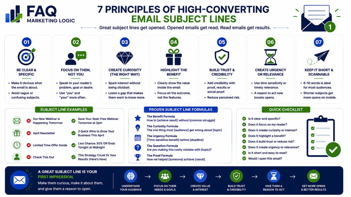 FAQ Marketing Logic infographic explaining the principles of effective email subject lines, including clarity, audience relevance, curiosity, benefits, trust, urgency and concise messaging to increase email open rates and engagement.