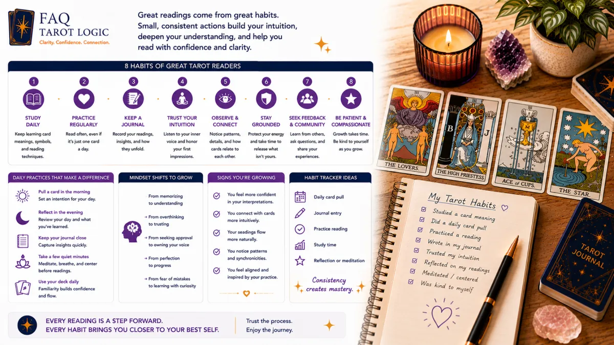 Infographic showing habits that help you become a better tarot reader, including regular practice, journaling, intuition, reflection, and a Rider–Waite tarot workspace.
