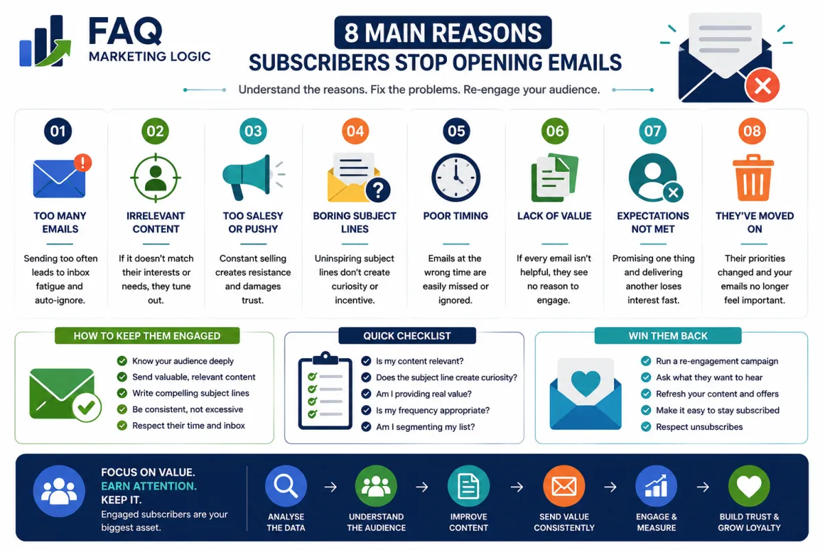 FAQ Marketing Logic infographic explaining why subscribers stop opening emails, including excessive frequency, irrelevant content, overly promotional messages, weak subject lines, poor timing and lack of value, with strategies for improving engagement and rebuilding subscriber interest.