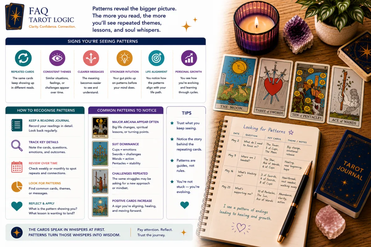 Infographic showing how to recognise patterns across multiple tarot readings by tracking recurring cards, themes, suits, intuition, and insights in a tarot journal.