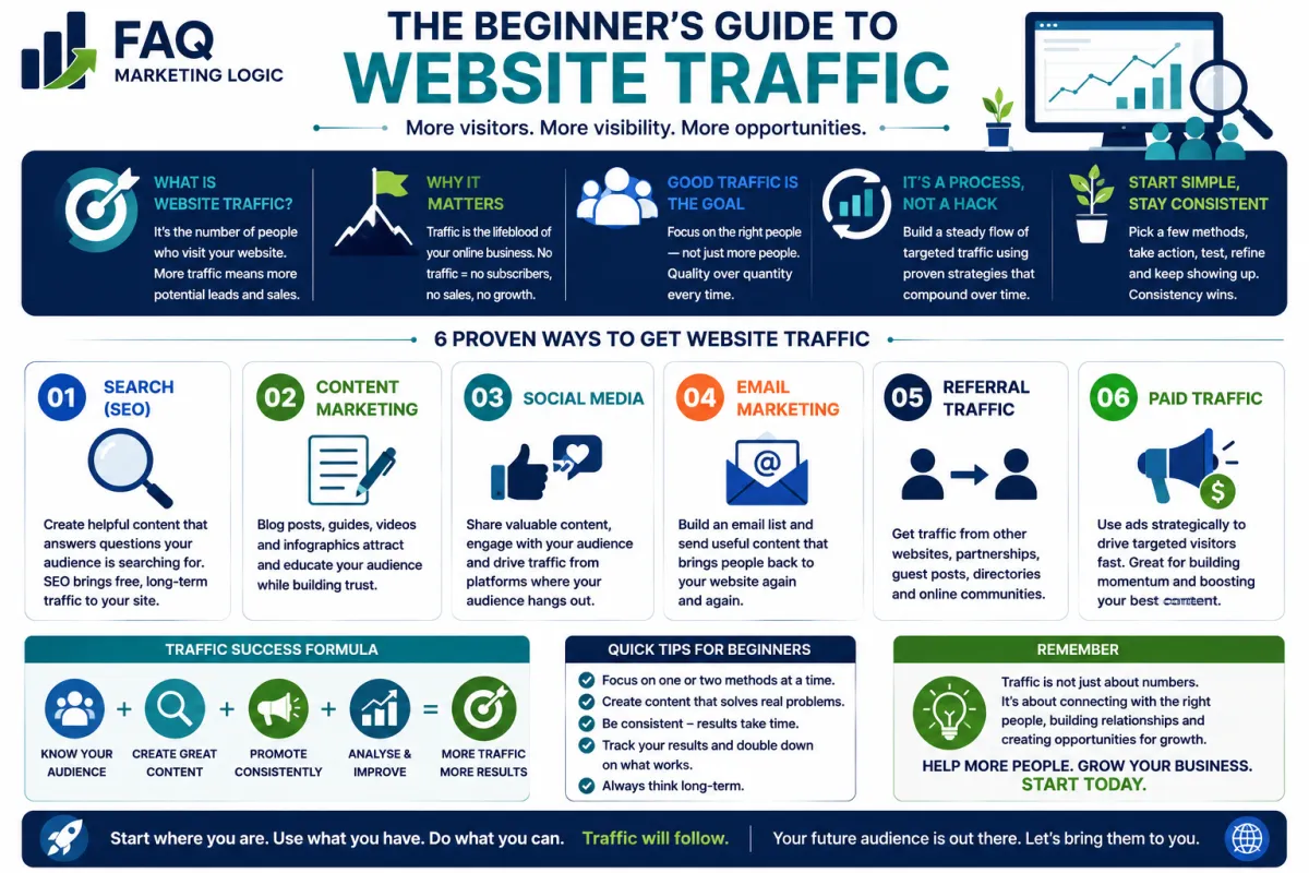 FAQ Marketing Logic infographic explaining the main ways beginners can generate website traffic, including SEO, content marketing, social media, email marketing, referrals and paid traffic, with a simple framework for attracting targeted visitors and growing an online business.