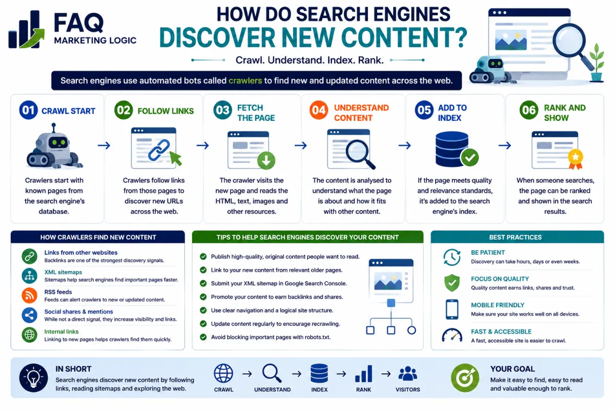FAQ Marketing Logic infographic explaining how search engines discover new content through crawling, internal and external links, XML sitemaps, indexing and ranking, with practical steps to help new website pages become easier to find in search results.
