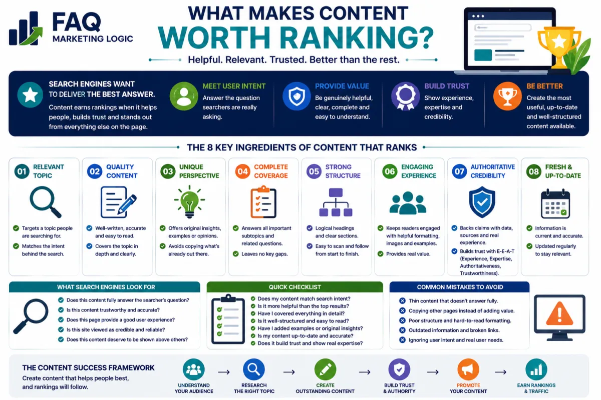 FAQ Marketing Logic infographic explaining what makes content worth ranking, including search intent, helpful information, originality, comprehensive coverage, clear structure, user experience, authority and freshness to improve search visibility and attract targeted website traffic.