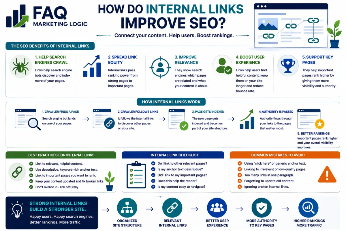 FAQ Marketing Logic infographic explaining how internal links improve SEO by helping search engines discover content, connecting related pages, distributing authority, improving website structure and user navigation, and supporting higher search rankings and organic traffic.
