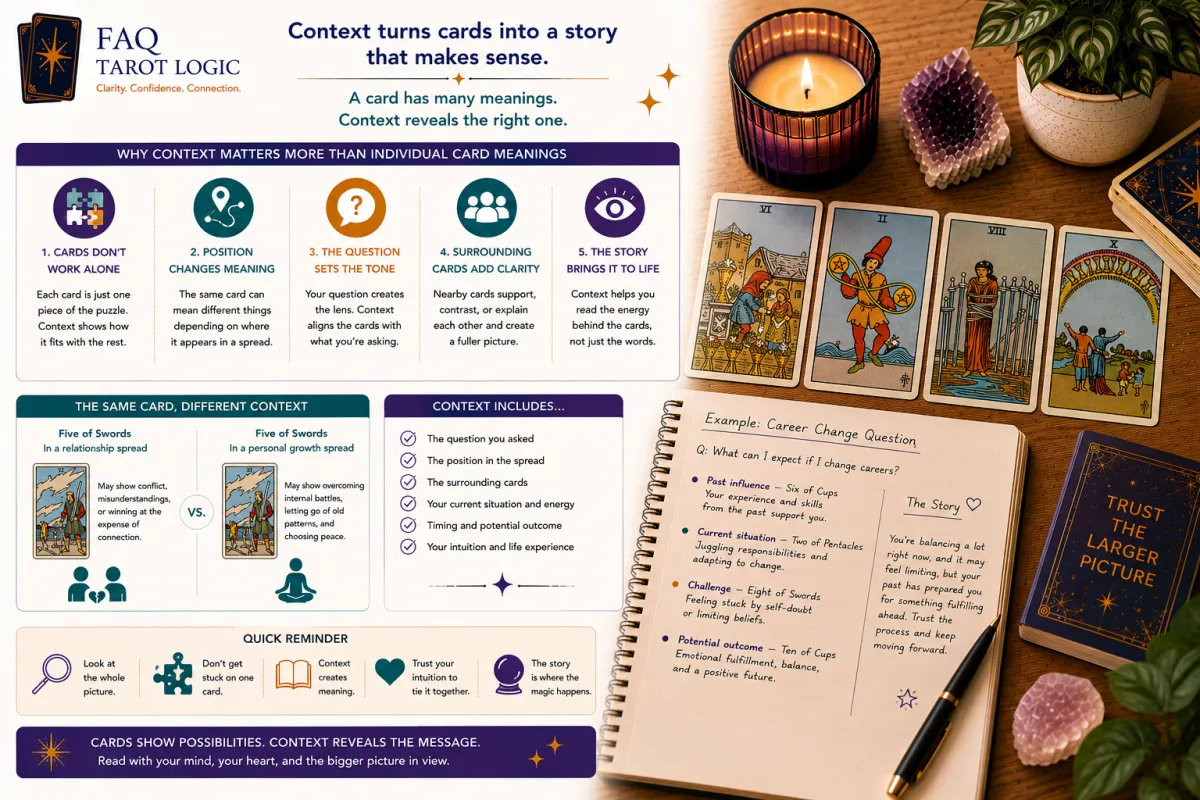 Infographic explaining why context matters in tarot interpretation, showing how questions, card positions, surrounding cards, intuition, and the overall reading shape individual card meanings.