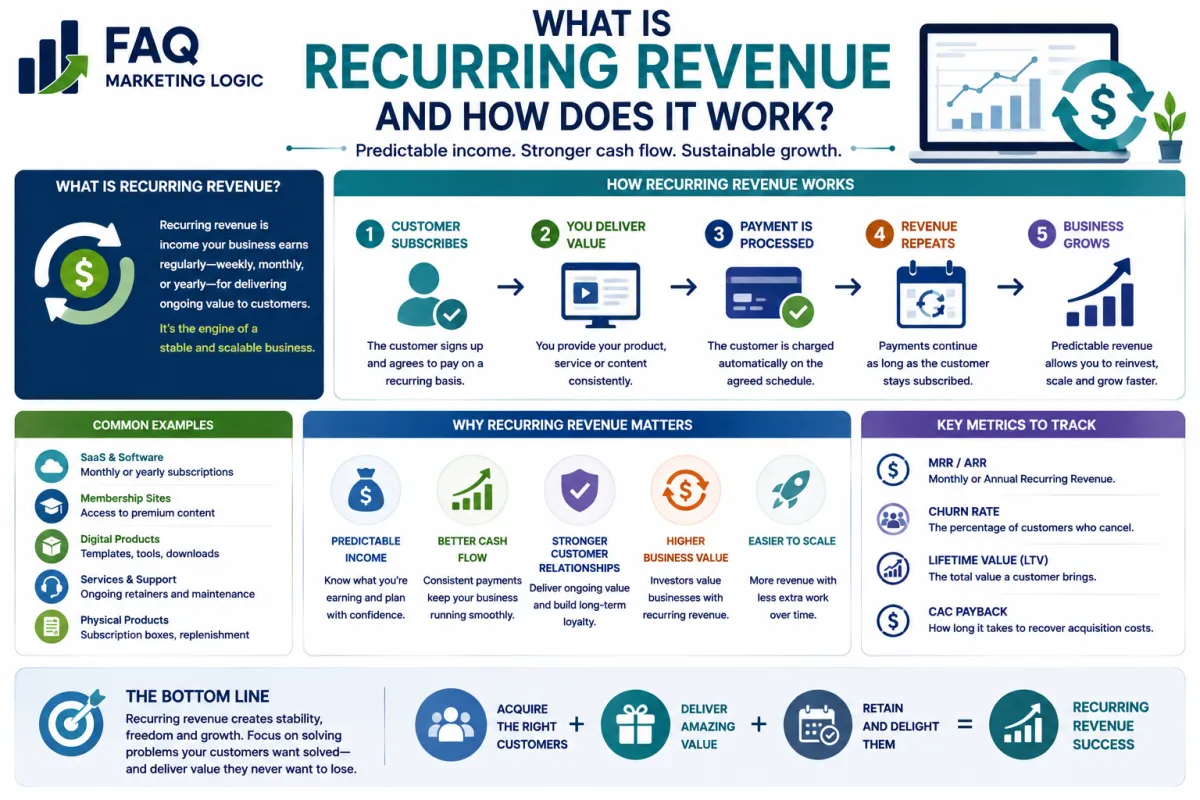 FAQ Marketing Logic infographic explaining how recurring revenue works through repeat customer payments, ongoing value delivery and retention, with examples, benefits and key metrics for creating predictable income, stronger cash flow and sustainable business growth.