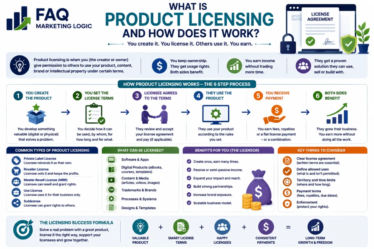 FAQ Marketing Logic infographic explaining how product licensing works, including ownership, licensing agreements, usage rights, license types, royalties and payments, with a step-by-step framework for turning products and intellectual property into scalable revenue.