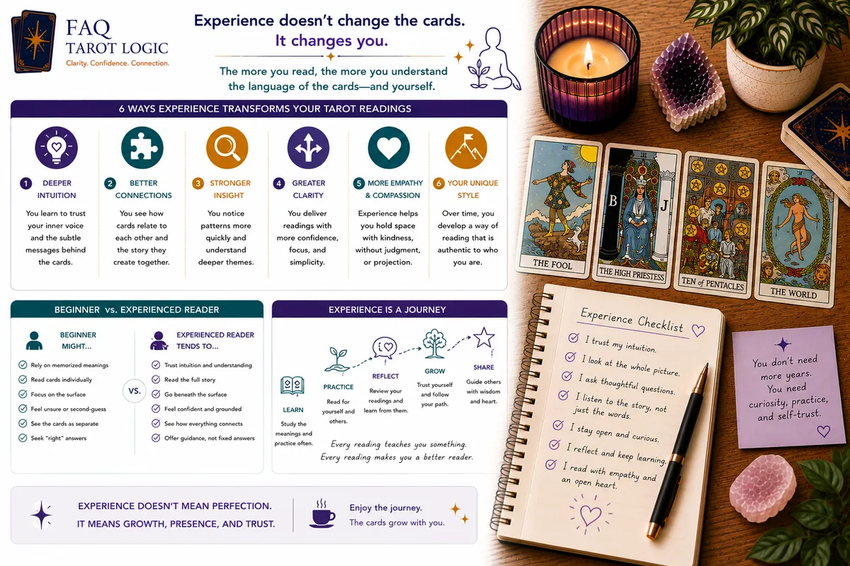 Infographic showing how tarot reading develops with experience through stronger intuition, deeper card connections, greater confidence, empathy, reflection, and a personal reading style.