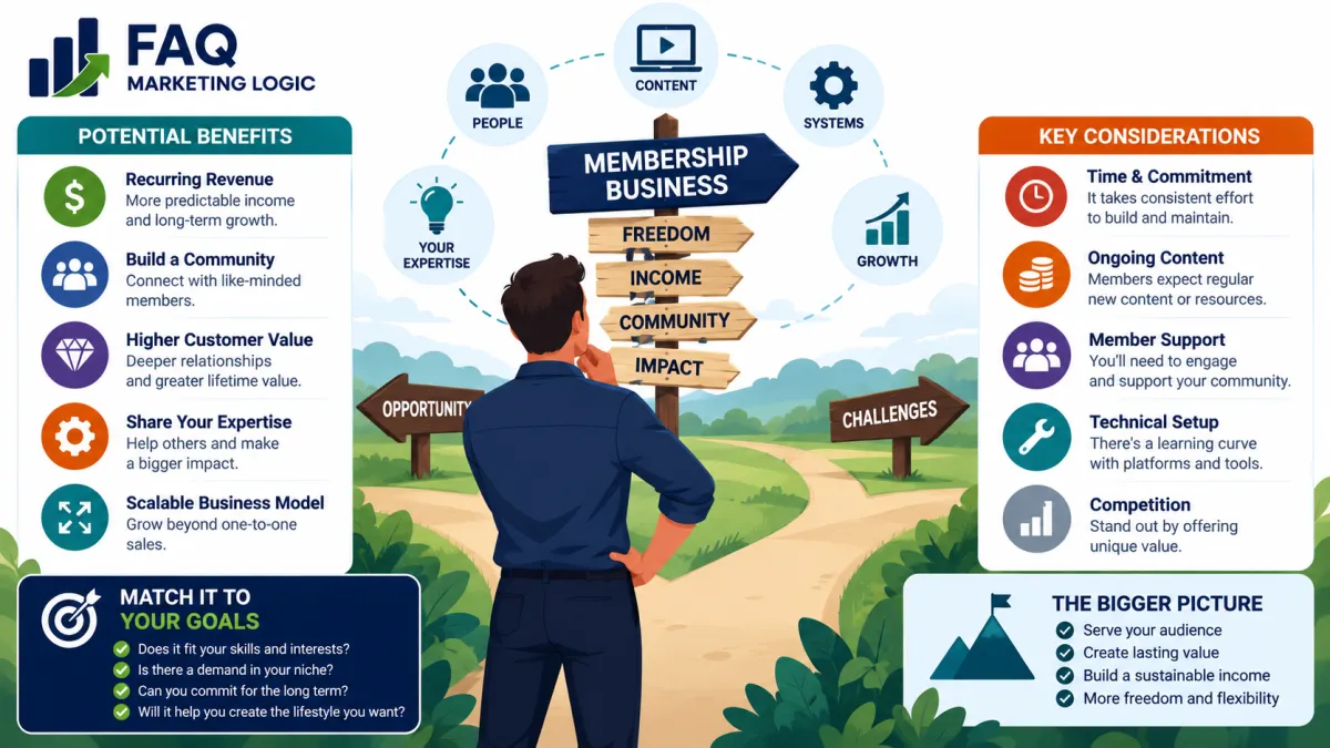 FAQ Marketing Logic infographic explaining the benefits and considerations of starting a membership business, including recurring revenue, community building, scalability, ongoing content, member support and commitment to help decide whether the model fits your goals.