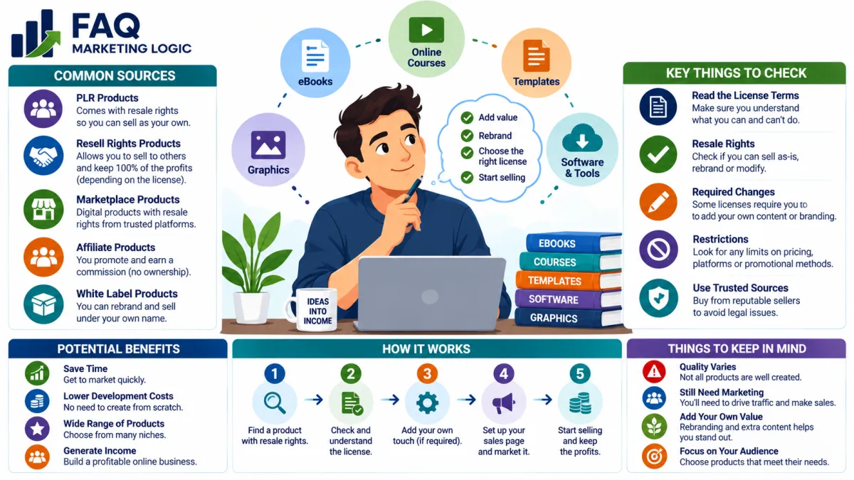 FAQ Marketing Logic infographic explaining how to sell digital products created by others using PLR, resale rights, white-label products and licensing, including licence checks, adding value, rebranding and marketing products to generate online income.
