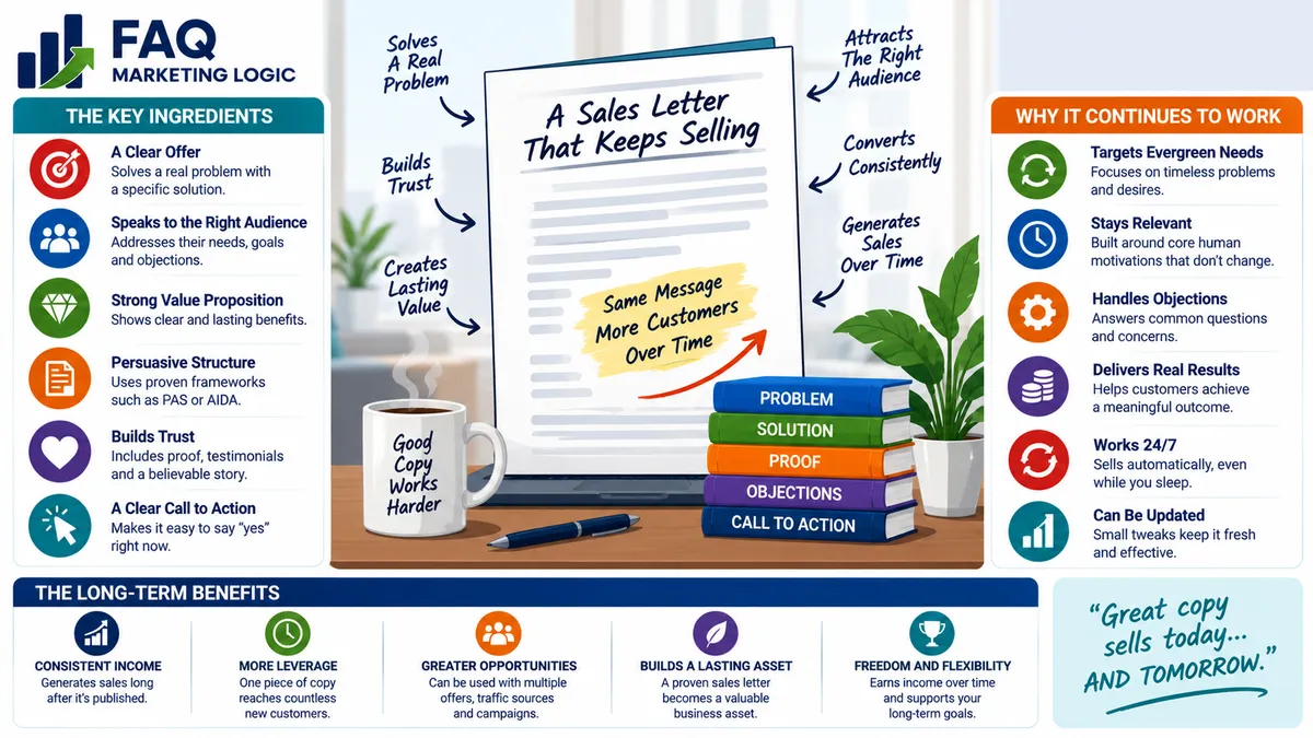 FAQ Marketing Logic infographic explaining the elements of an evergreen sales letter, including a clear offer, audience relevance, strong value proposition, persuasive structure, trust, objection handling and calls to action that help generate consistent sales over time.
