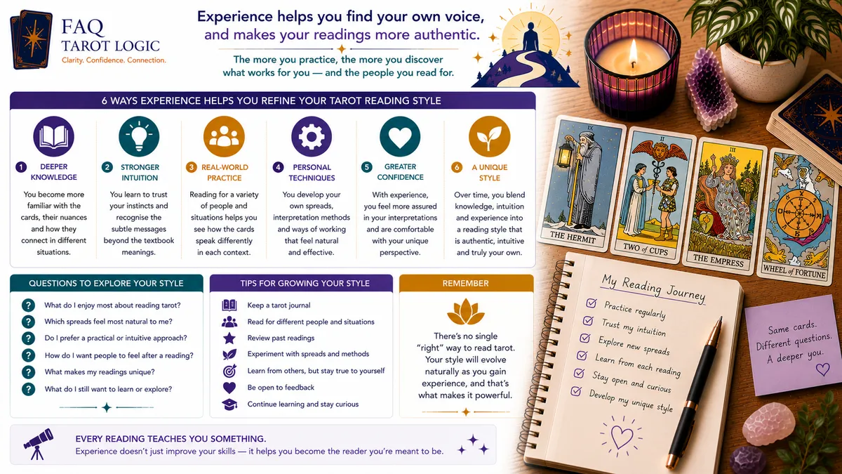Infographic showing how experience refines your tarot reading style through deeper knowledge, stronger intuition, regular practice, personal techniques, confidence, and ongoing reflection.