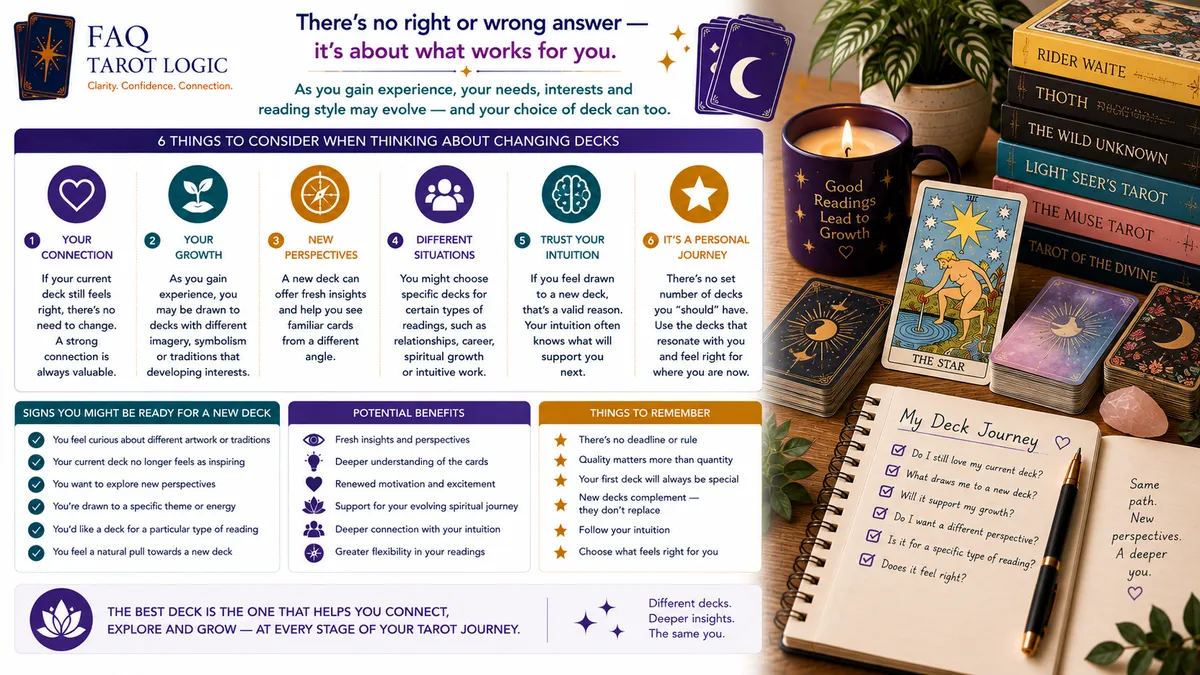 Infographic exploring whether experienced tarot readers should change decks, covering intuition, personal growth, new perspectives, deck connection, and choosing what feels right.