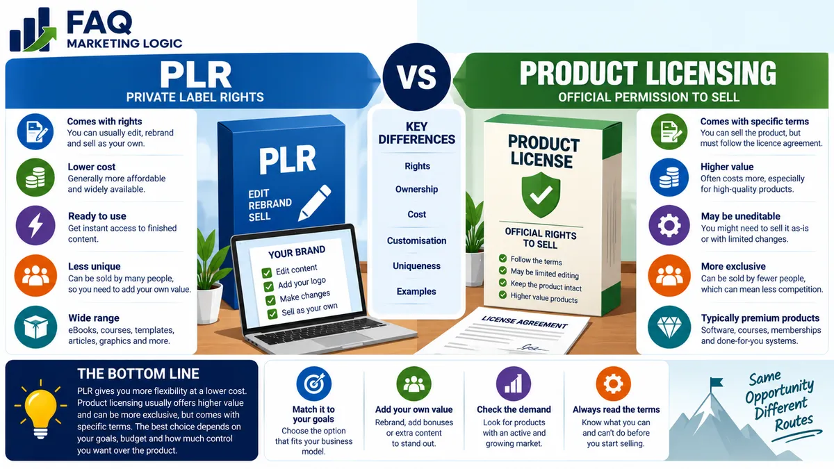 FAQ Marketing Logic infographic comparing PLR and product licensing, including differences in resale rights, ownership, cost, customisation, exclusivity and licence terms to help choose the right digital product business model.