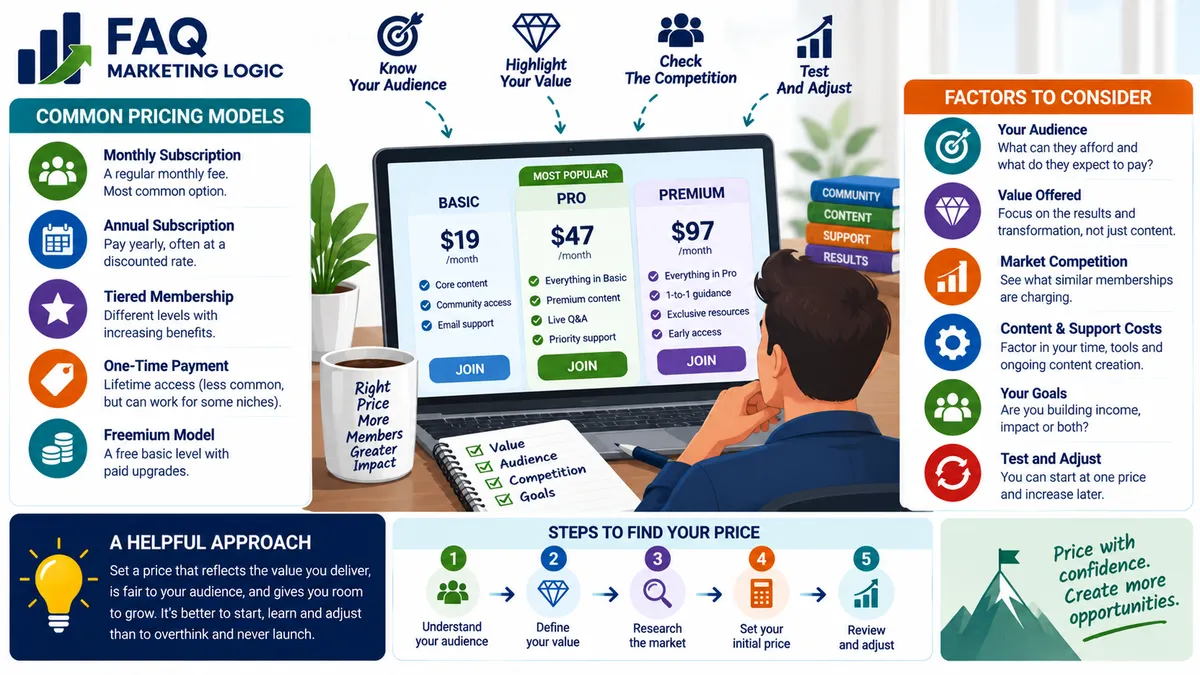 FAQ Marketing Logic infographic explaining how to price a membership based on audience needs, value offered, competition, content and support costs, business goals and testing, with examples of monthly, annual and tiered membership pricing models.