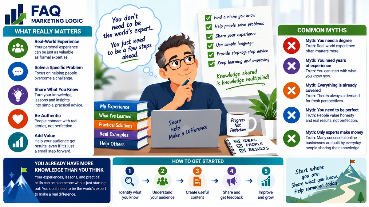 FAQ Marketing Logic infographic explaining why you do not need to be an expert to sell information online, showing how real-world experience, practical knowledge, problem-solving, authenticity and useful step-by-step guidance can help you create valuable information products.