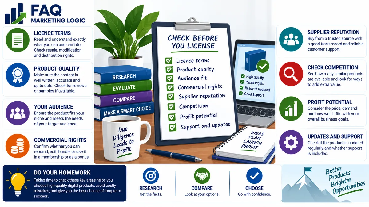 FAQ Marketing Logic infographic explaining what to check before licensing a digital product, including licence terms, product quality, audience fit, commercial rights, supplier reputation, competition, profit potential, updates and support to make a better licensing decision.
