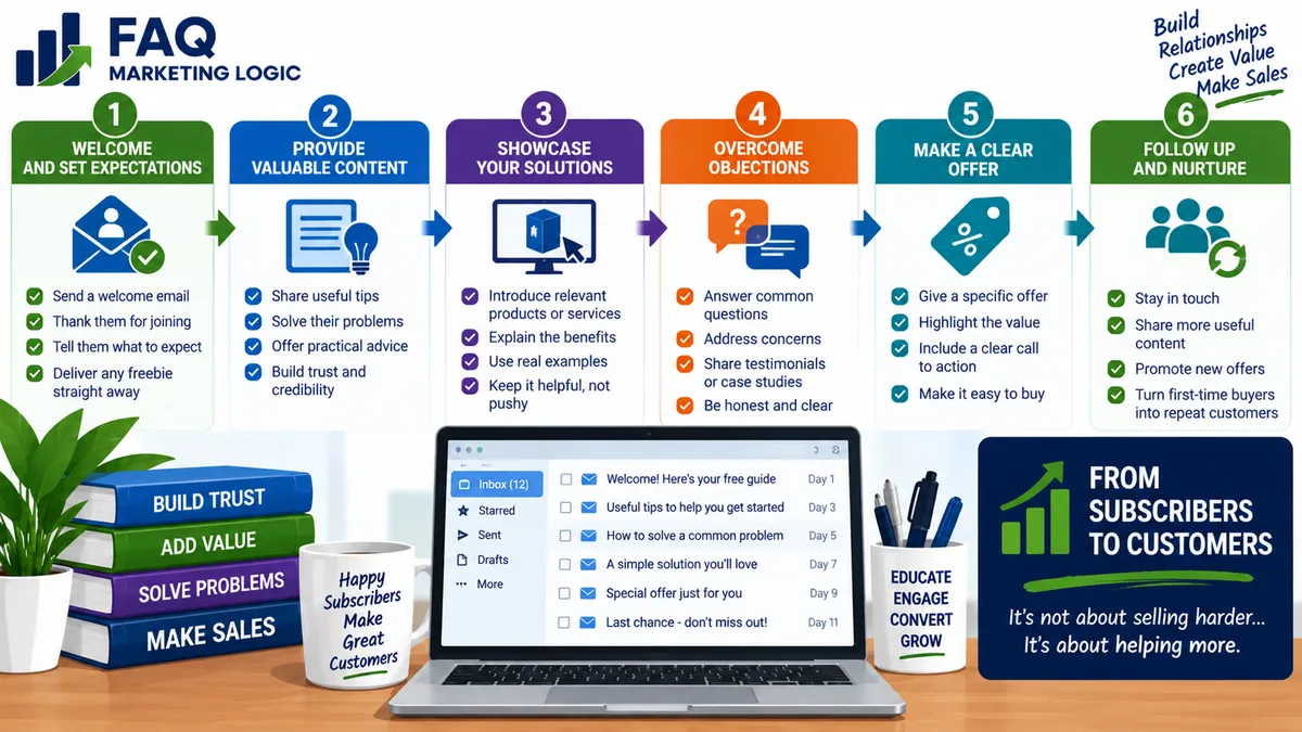 FAQ Marketing Logic infographic explaining how to turn email subscribers into customers by welcoming new leads, providing valuable content, presenting relevant solutions, overcoming objections, making clear offers and nurturing relationships to generate repeat sales.