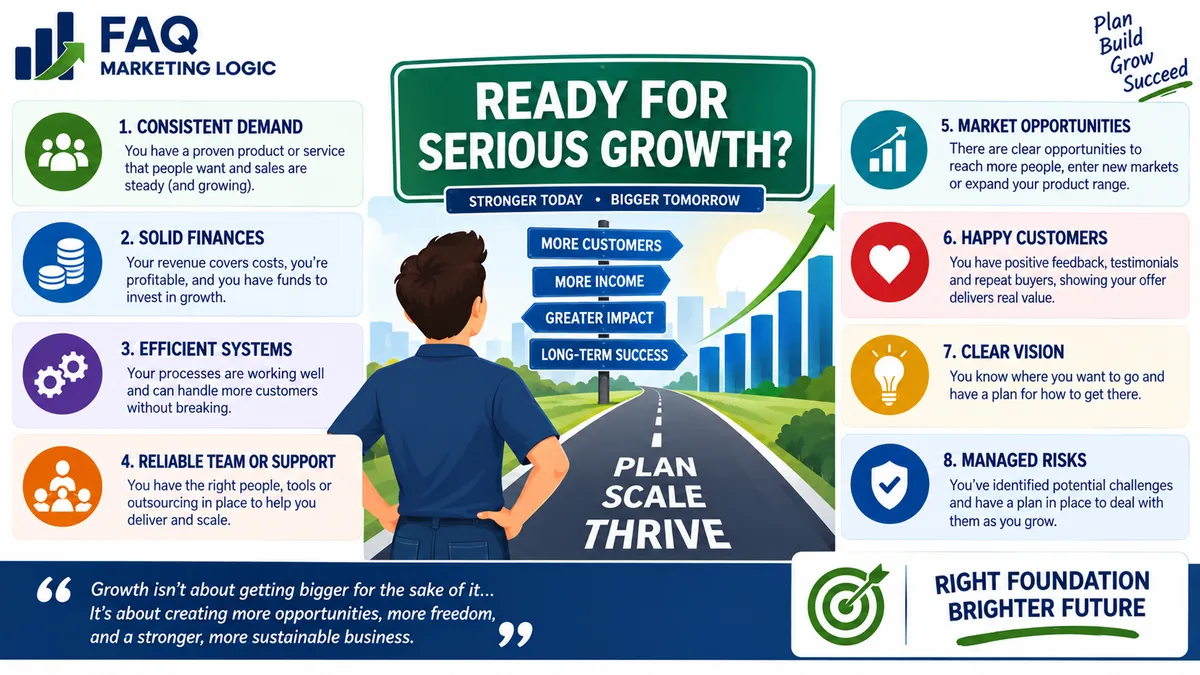 FAQ Marketing Logic infographic explaining the signs a business is ready for serious growth, including consistent demand, solid finances, efficient systems, reliable support, market opportunities, satisfied customers, clear direction and managed risks for sustainable scaling.
