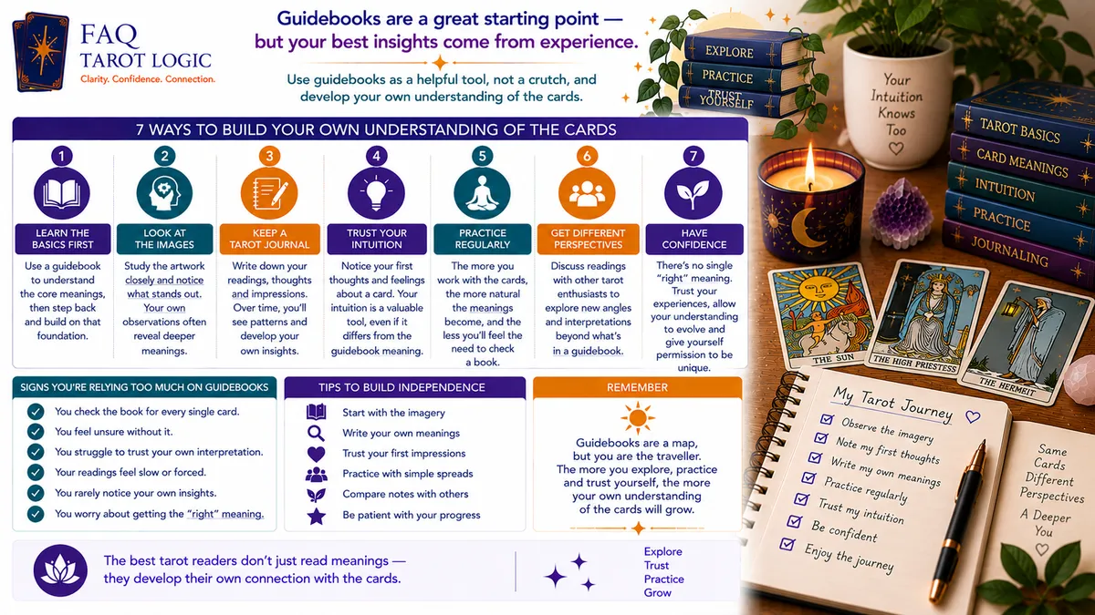 Infographic showing how to rely less on tarot guidebooks by studying card imagery, journaling, trusting intuition, practising regularly, exploring perspectives, and building confidence.
