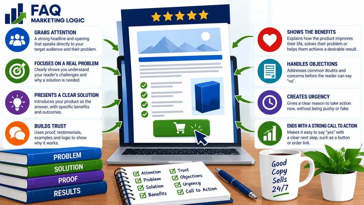 FAQ Marketing Logic infographic explaining what makes an evergreen sales letter effective, including attention, problem awareness, a clear solution, trust, benefits, objection handling, urgency and a strong call to action for generating sales over time.