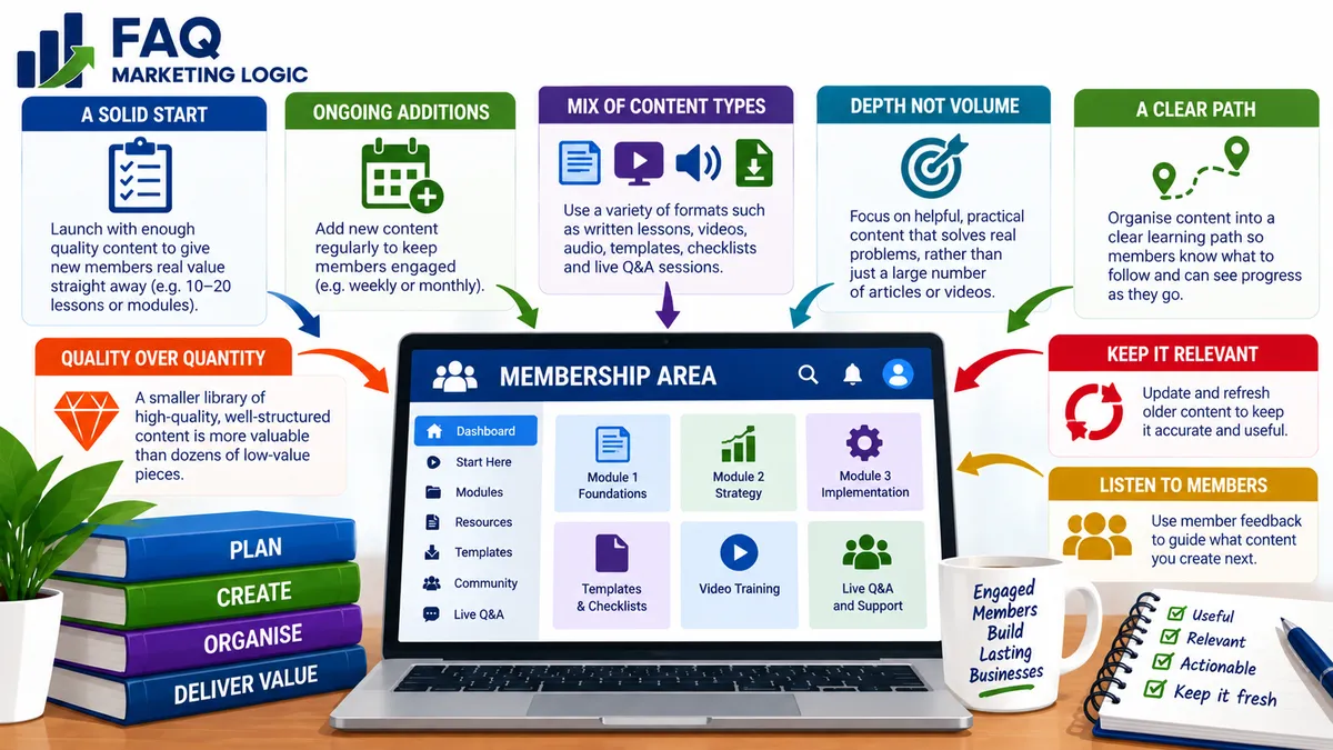 FAQ Marketing Logic infographic explaining how much content a membership needs, focusing on a strong starting library, regular additions, varied content formats, quality over quantity, clear organisation, relevant updates and member feedback to maintain long-term value and engagement.